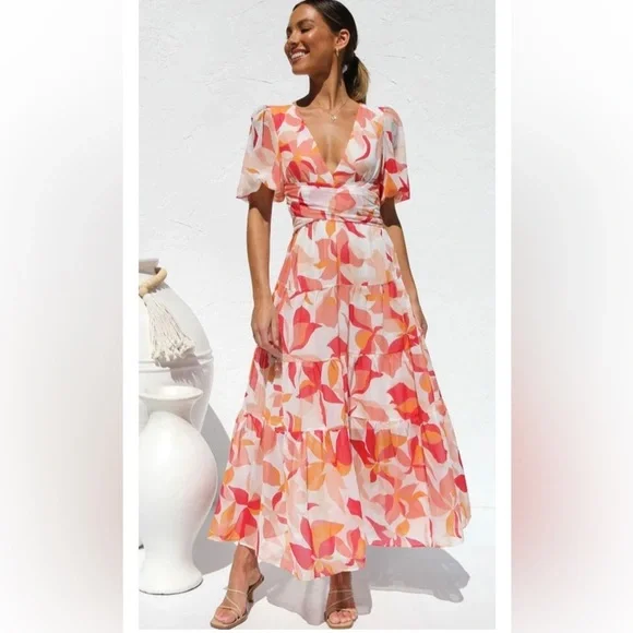 (H1) Ruffle Tiered› Orange floral maxi dress with V-neckline, size XL - Picture 3 of 15